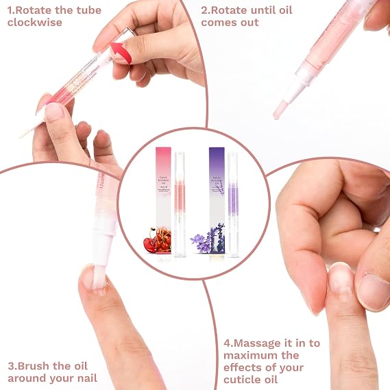 Meschett 2PCS Cuticle Oil Pens for Nail Care, Moisturizing Nail Oil Pen with Soft Brush, Hydrating Cuticle Oil for Dry Nails & Cuticles (Cherry & Lavender Flavor)