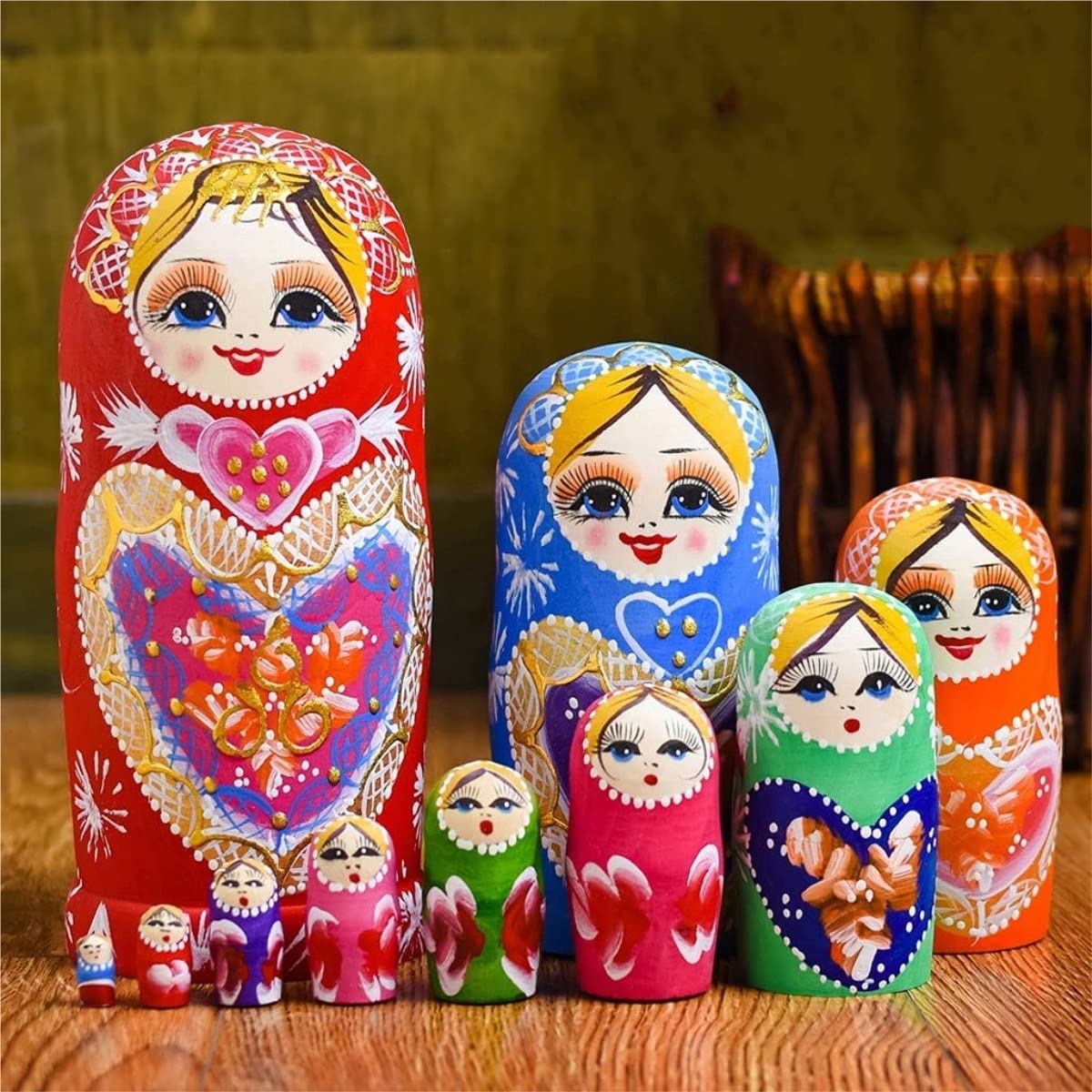 ロシア民芸品マトリョーシカ10個セット 手描き25センチ