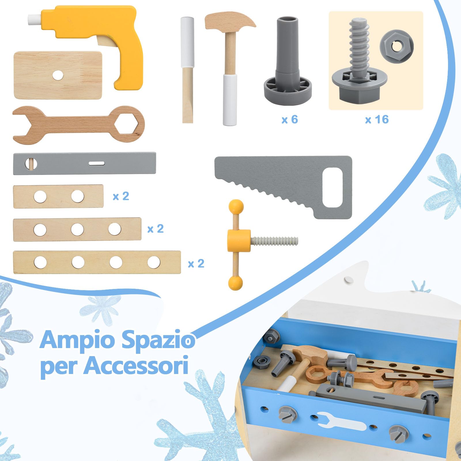 COSTWAY Banco Lavoro Bambini con Set di Attrezzi, Banco da Gioco in Legno con Lavagna e Strumenti da Lavoro, Piano di Lavoro con Trapano, Martello e Chiavi, 51 x 28 x 72 cm, per Bambini 3 + Anni