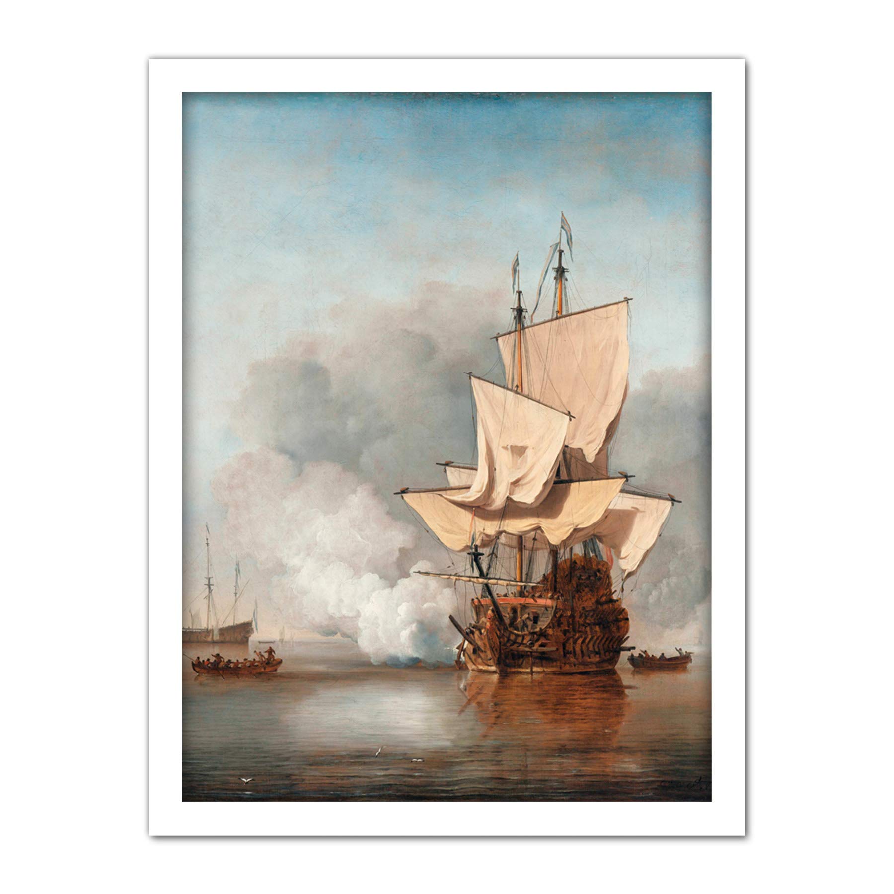 Artery8 The Cannon Shot Battle At Sea Illustration Artwork Framed Wall Art Print 18X24 Inch