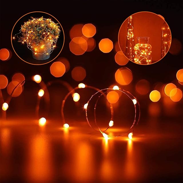 ANGMLN 2 Pack Orange Led Fairy String Lights Battery Operated 3M 30LED Copper Wire Firefly Small Starry String Lights for Fireplace Log Burner DIY Arts Jars Halloween Party Home Indoor Outdoor Decor