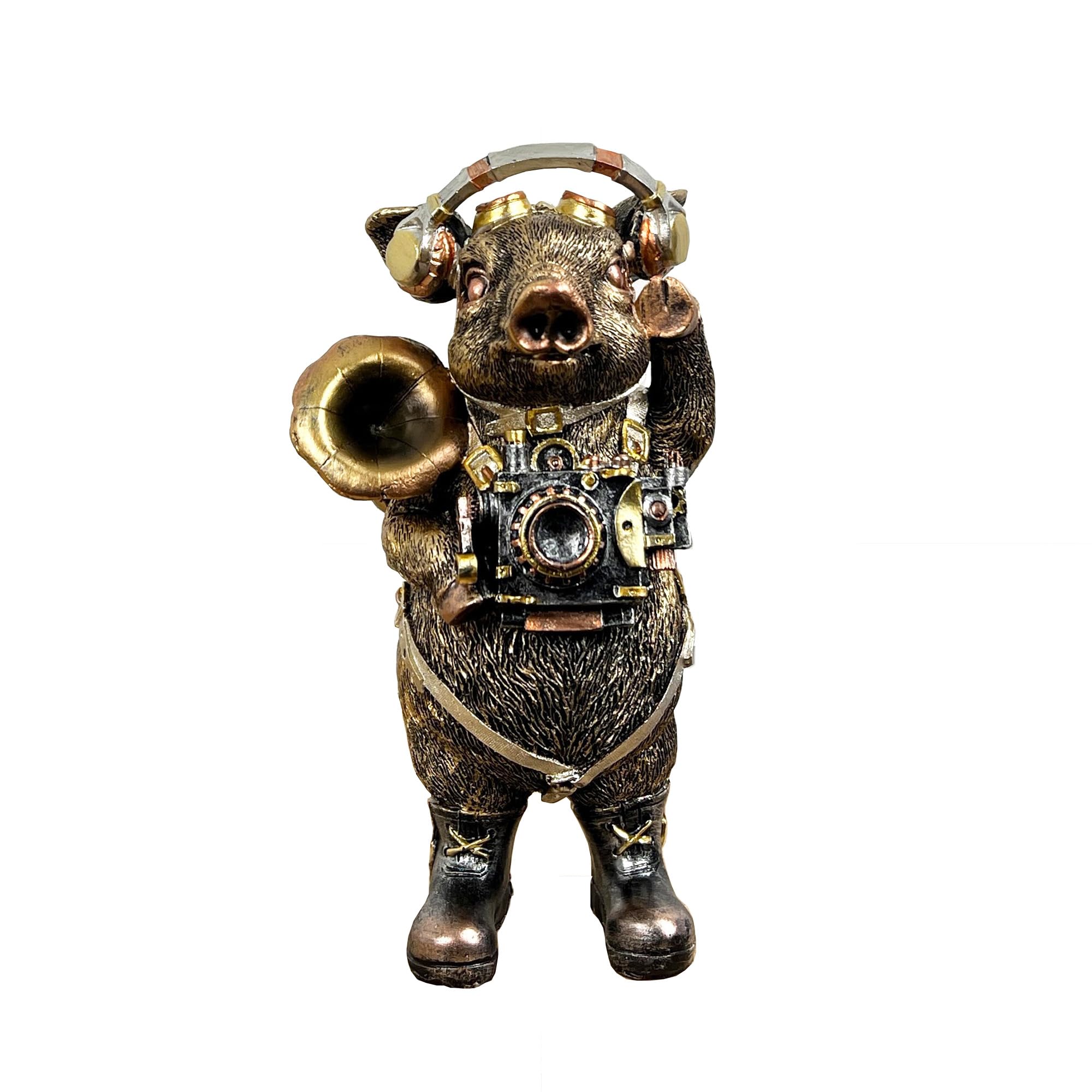 Alfie Francis 21cm Tall Steampunk Pig Photographer Ornament for Living Room Figurine Farm Animal Statue Vintage Industrial Home