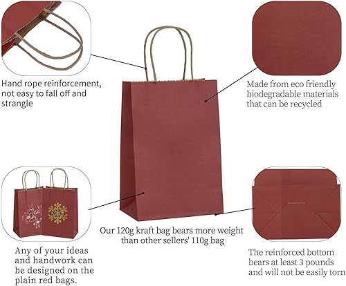Miniatura 3 de Ronvir 100 bolsas de regalo pequeñas de 5.25 x 3.75 x 8 pulgadas, bolsas de papel rojas con asas, bolsas de regalo a granel para recuerdos de