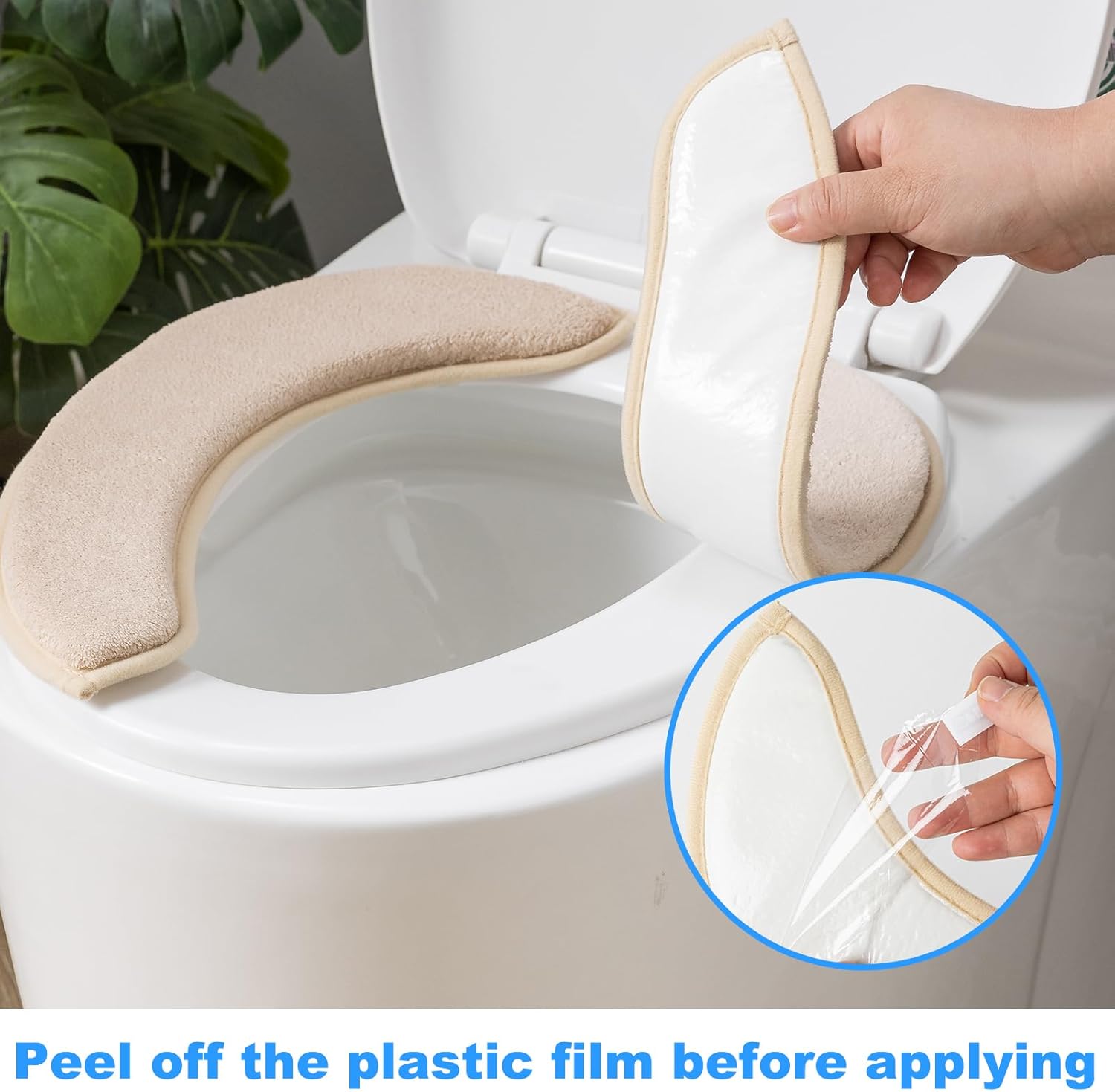 Soft Thicker Flannel Bathroom Toilet Seat Cover, 2 Pack Non Slip Warmer Comfortable Seat Cushions with Memory Foam, Easy Install with Self-Adhesive Tape, Reusable Toilet Lid Cover (Green,Beige)