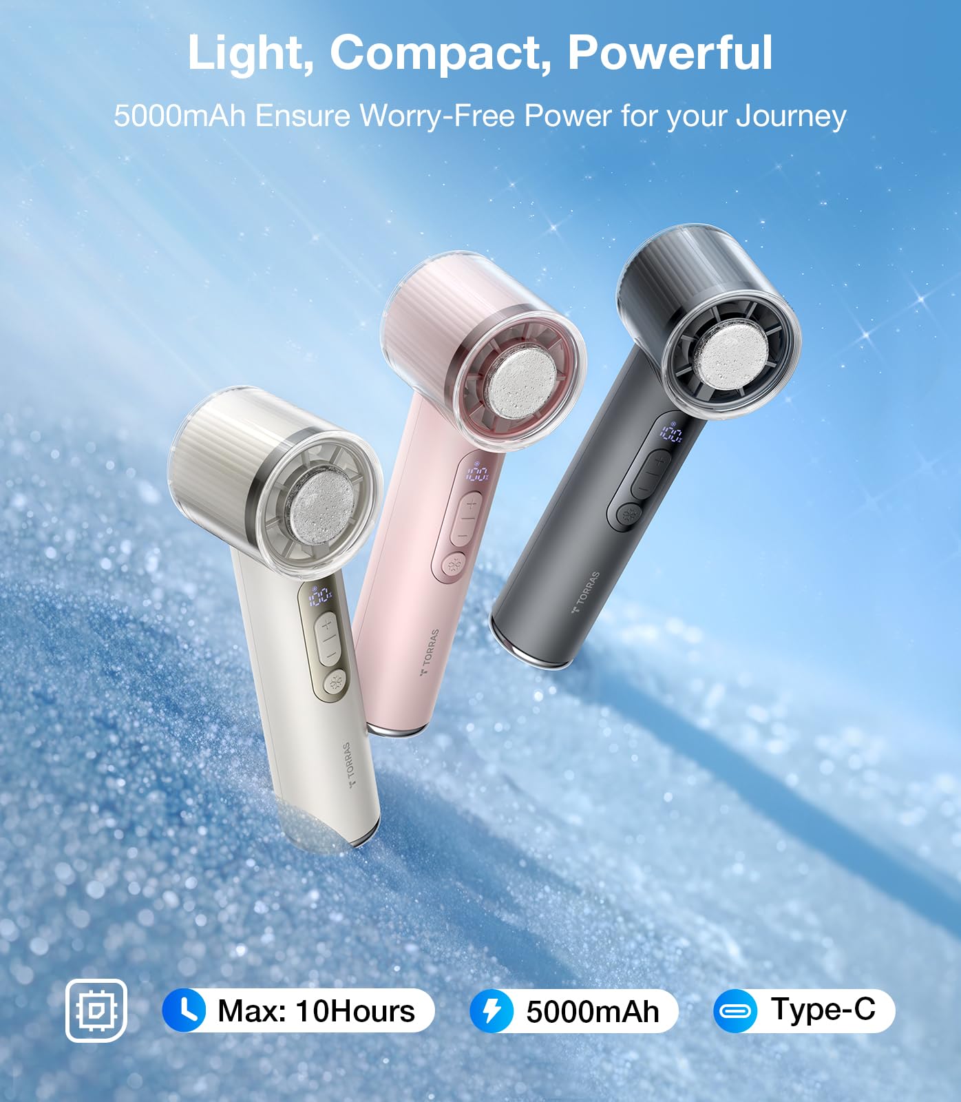 TORRAS Coolify iva - Ventilador portátil para enfriar hielo de 5000 mAh, ventilador personal recargable de 0 a 100 velocidades, ajustable, súper mini pero potente ventilador portátil