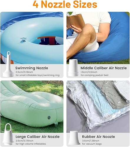 Miniatura 7 de Bomba de aire para inflables, bomba de aire portátil para colchón de aire, inflado de 360 Lmin, presión de 4 Kpa, 2200 mAh USB-C recargable,