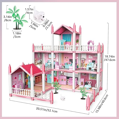 Miniatura 5 de deAO Casa de muñecas - Casa de muñecas de 3 pisos, 9 habitaciones, rosa, juego de construcción de juegos de simulación, accesorios y muebles, regalo