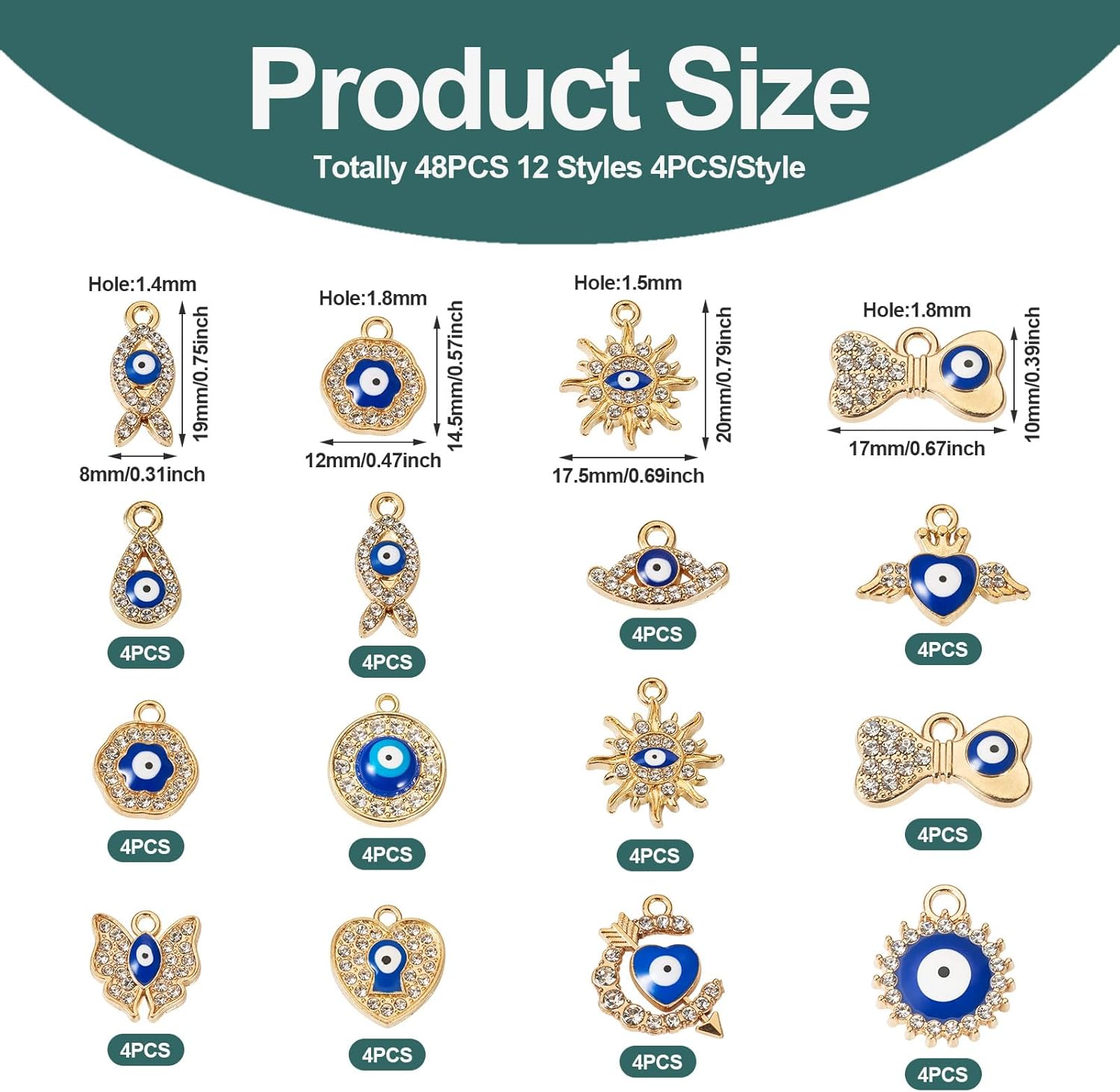 Cheriswelry 48Pcs Rhinestone Enamel Charms Evil Eye Gold Plated Alloy Pendants Flat Round Heart Butterfly Teardrop Metal Charm 10-20mm for Bracelet Necklace Earring Jewelry Making - Image 4