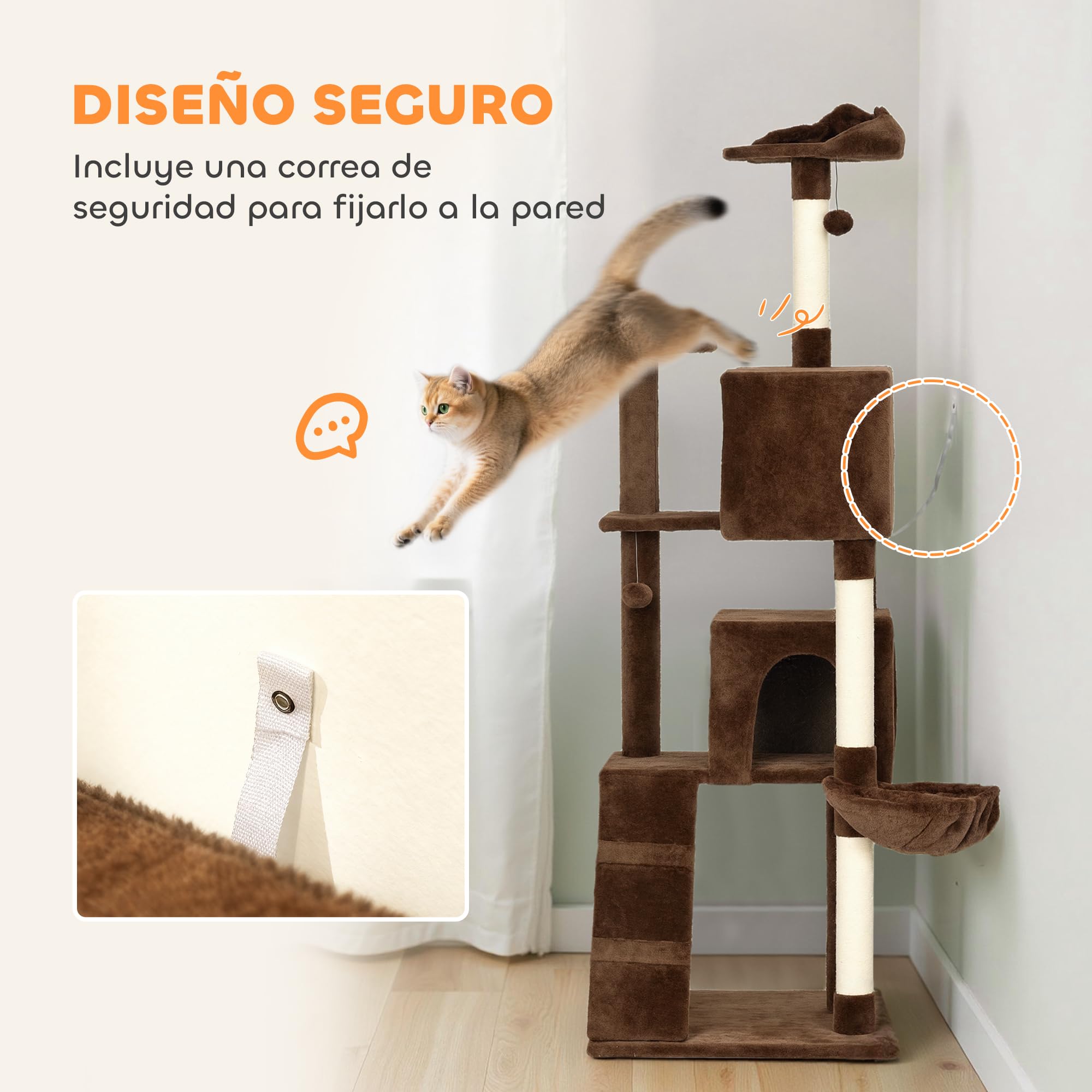 PawHut Arbre à Chat griffoir avec Tour d'escalade 180 cm Marron | Arbre à chat, plateformes multiples, lit, 2 grottes, hamac, échelle, poteaux en sisal, balles de jeu