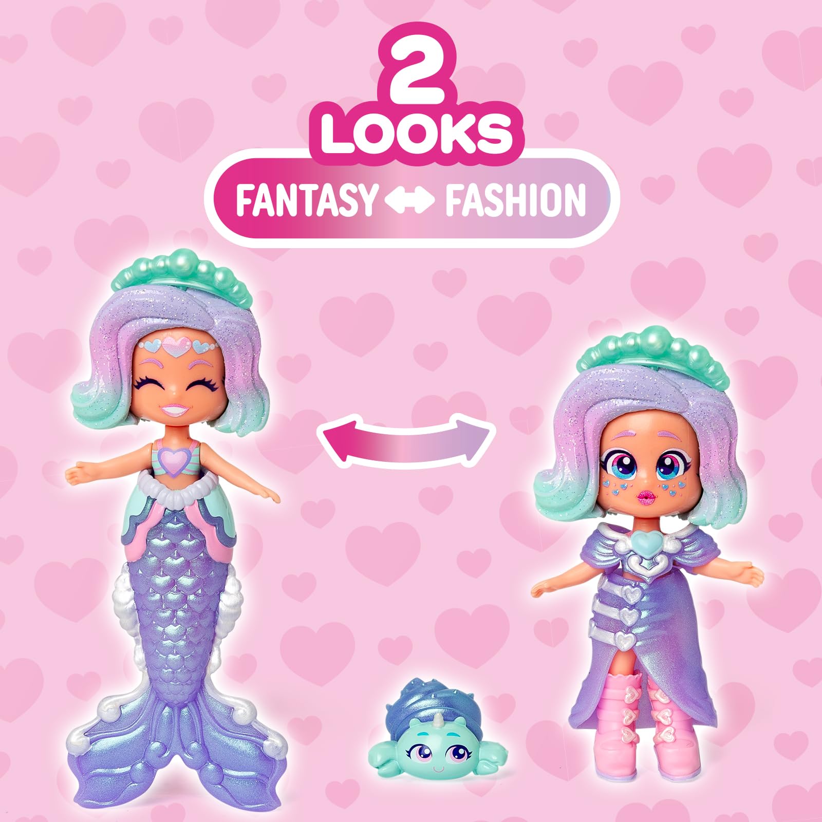 KOOKYLOOS MERMAID STARLIGHT FANTASY – 2 w 1:stylowa lalka i syrenka, awartość:1 laleczka, odpinany ogon syrenki, strój i buciki, morskie zwierzątko, akcesoria, torebka muszla do zabawy i noszenia.