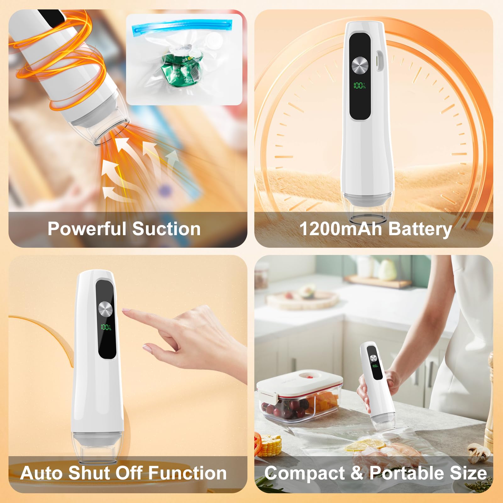 Selladora al Vacío Manual Compacta Portátil con 20 Bolsas | Mini Sellador de Vacío con Colector de Jugos y Líquidos, Inalámbrica y Recargable USB-C para Viajes, Oficina