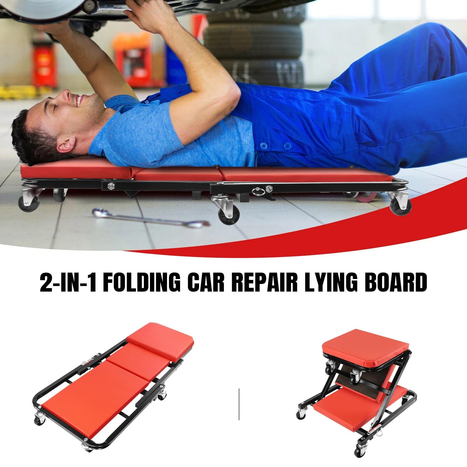Asiento plegable de 36 pulgadas con ruedas en Z – Taburete de taller acolchado 2 en 1 y tabla de ruedas con ruedas giratorias