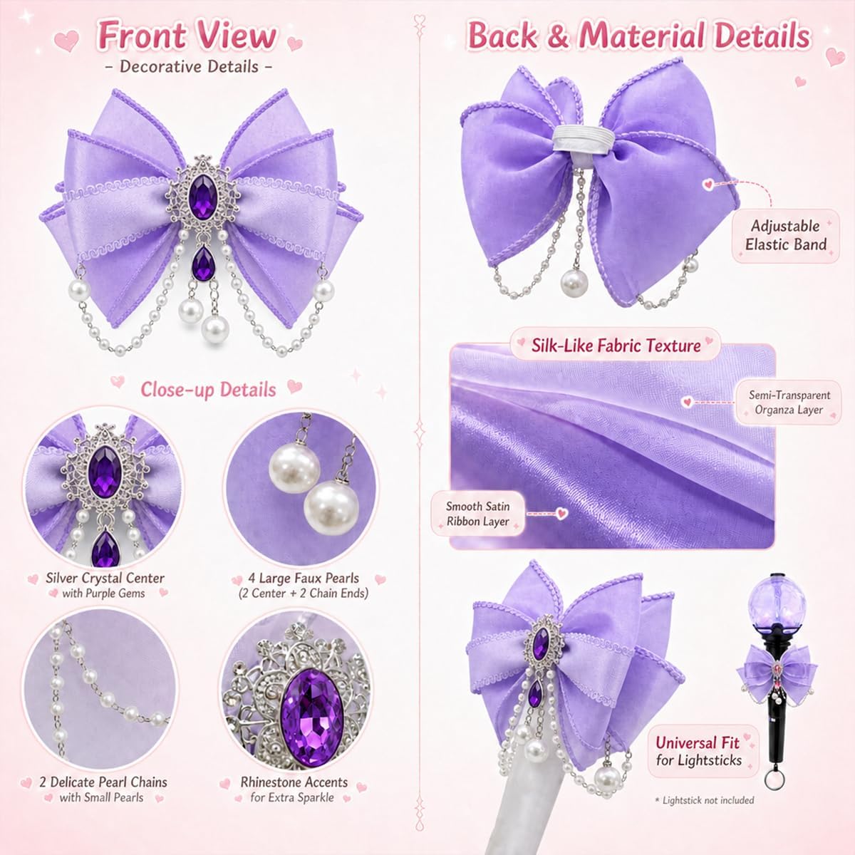 Kpop Lightstick Bow Decoration - Cute Lightstick Decorations Kpop | Adjustable K Pop Light Stick Ribbon Bow Decor Accessories for K-pop Concert Essentials Ornaments Idol Fans Party, Purple