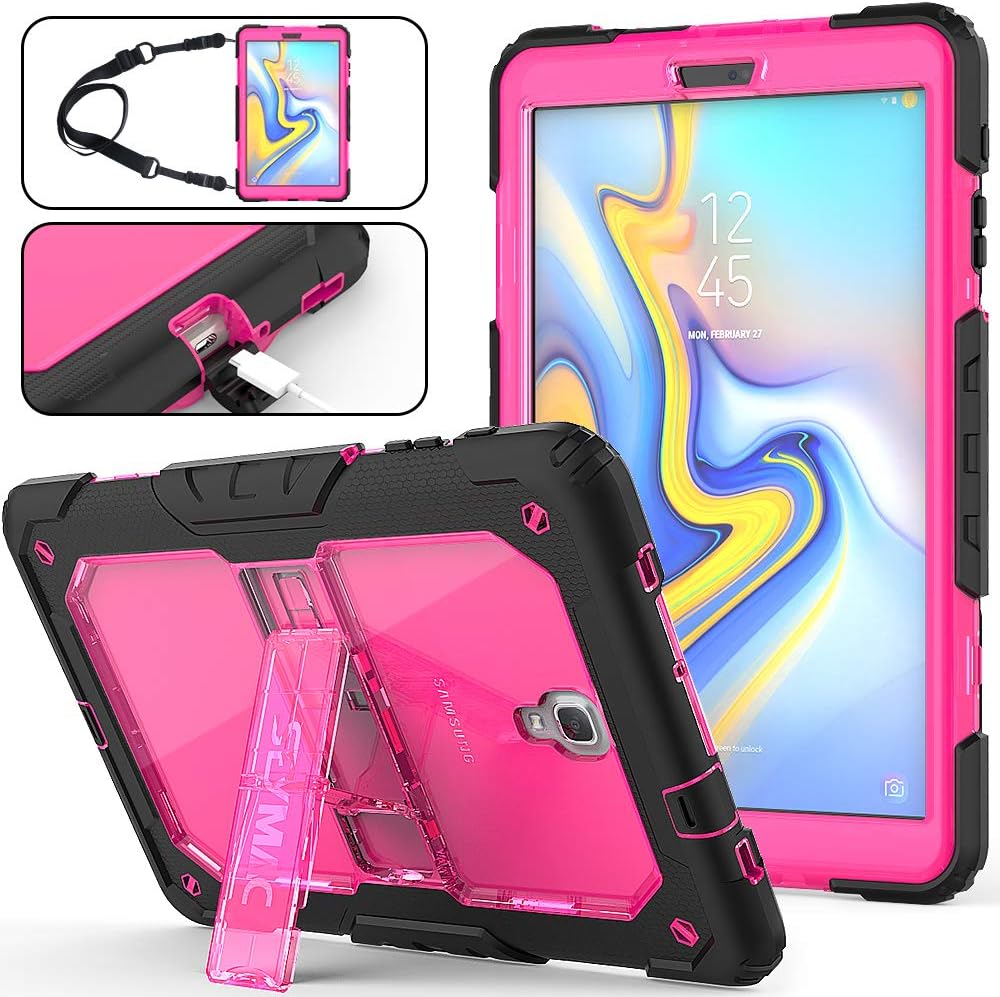 SEYMAC Stock Galaxy Tab A 10.5 T590/T595/T597 Case, Full-Body [Heavy Duty] & [Shock Proof] Protective Case with Stand & Shoulder Strap for Samsung 10.5 Tablet SM-T590/T595 (Rose+Black)