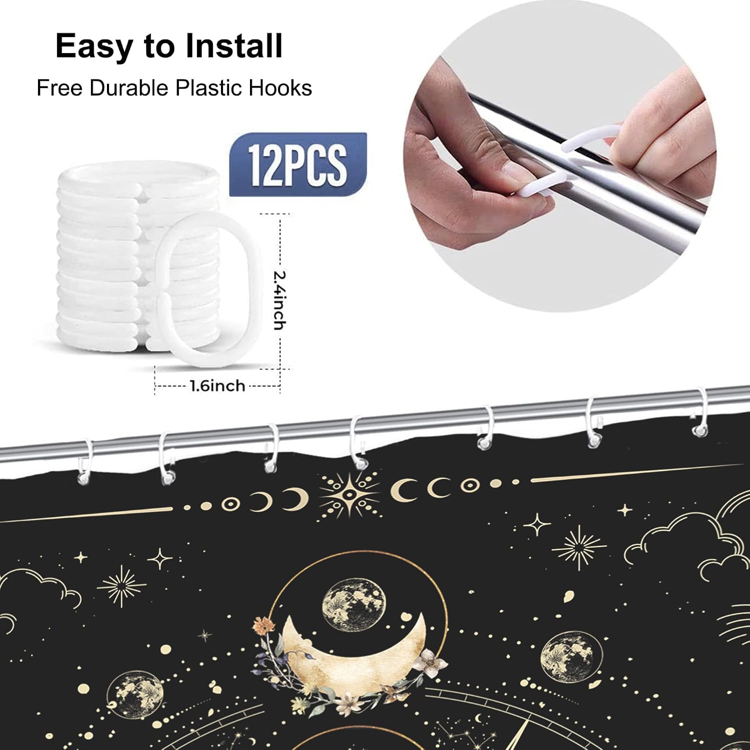 Moon Phase Bathroom Shower Curtain 60W by 71H Inch Zodiac Witchy Gothic Astrology Mysterious Night Moonlit Celestial Polyester Fabric 12 Plastic Hooks Waterproof Decor image 5