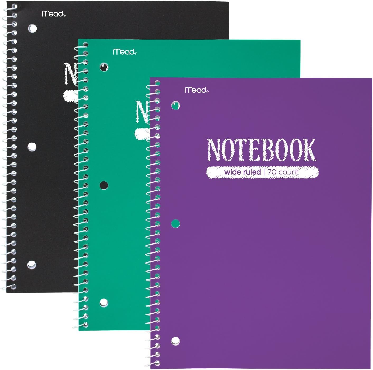 Mead Spiral Notebooks, 1 Subject, Wide Ruled Paper, 70 Sheets, 10-1/2" x 7-1/2", Plastic, Assorted Colors, 6 Pack (38966)