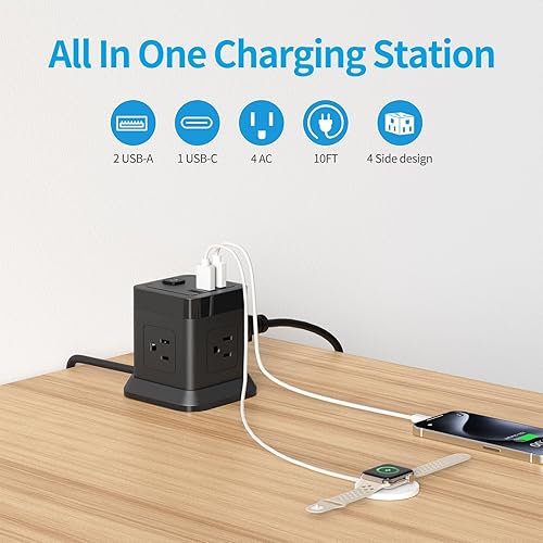 Miniatura 2 de FDTEK - Regleta de alimentación con USB C, cable de extensión de enchufe plano con 4 salidas y 3 puertos USB, tira de alimentación de escritorio de