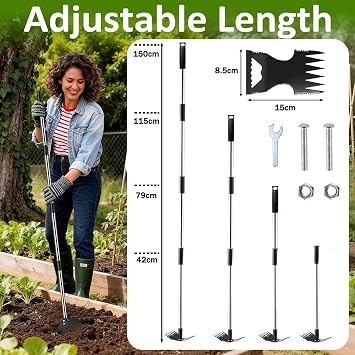 2-in-1 Weed Rake & Hoe Combo Adjustable Heavy Duty Weeds Remover Tools 59in | Ergonomic Weed Remover Tool Weed Puller Tools Free gloves stainless steel weed puller root for Yard, Lawn, Patio, Garden