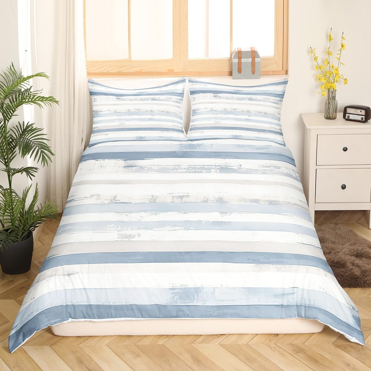 jejeloiu Abstract Blue Duvet Cover Full Size Modern White Grey Striped Bedding Set for Kids Boys Girls Decor Geometric Simple Neutral Comforter Cover Soft Microfiber Bedroom Decor,No Stuffing