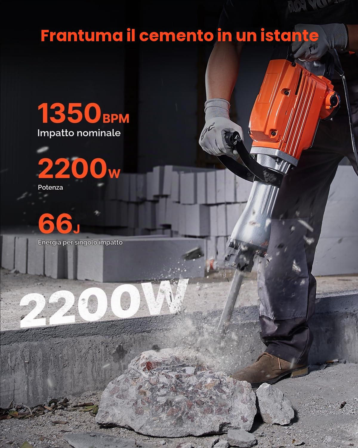 VEVOR Martello Demolitore per Calcestruzzo 2200W 6 Punte a Scalpello per 1400BPM, Kit di Martello Demolitore Elettrico 220V per Lavorazione su Cemento Mattoni Piastrelle Demolizione per Muro 66J 2200W