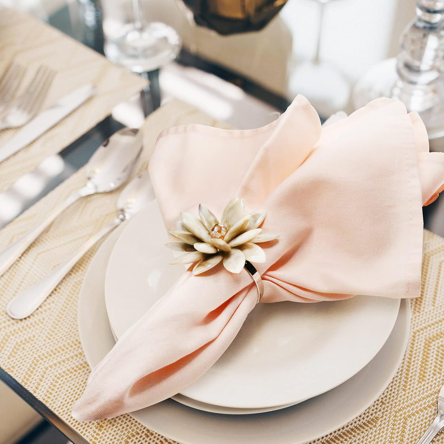 Marble Napkin Rings Set of 6, Succulent Beige Shell Flower Ring Napkin Holder, Bohu Rustic Coastal Table Decoration for Family Gathering, Thanksgiving Day, Christmas Day Kitchen Table Decor