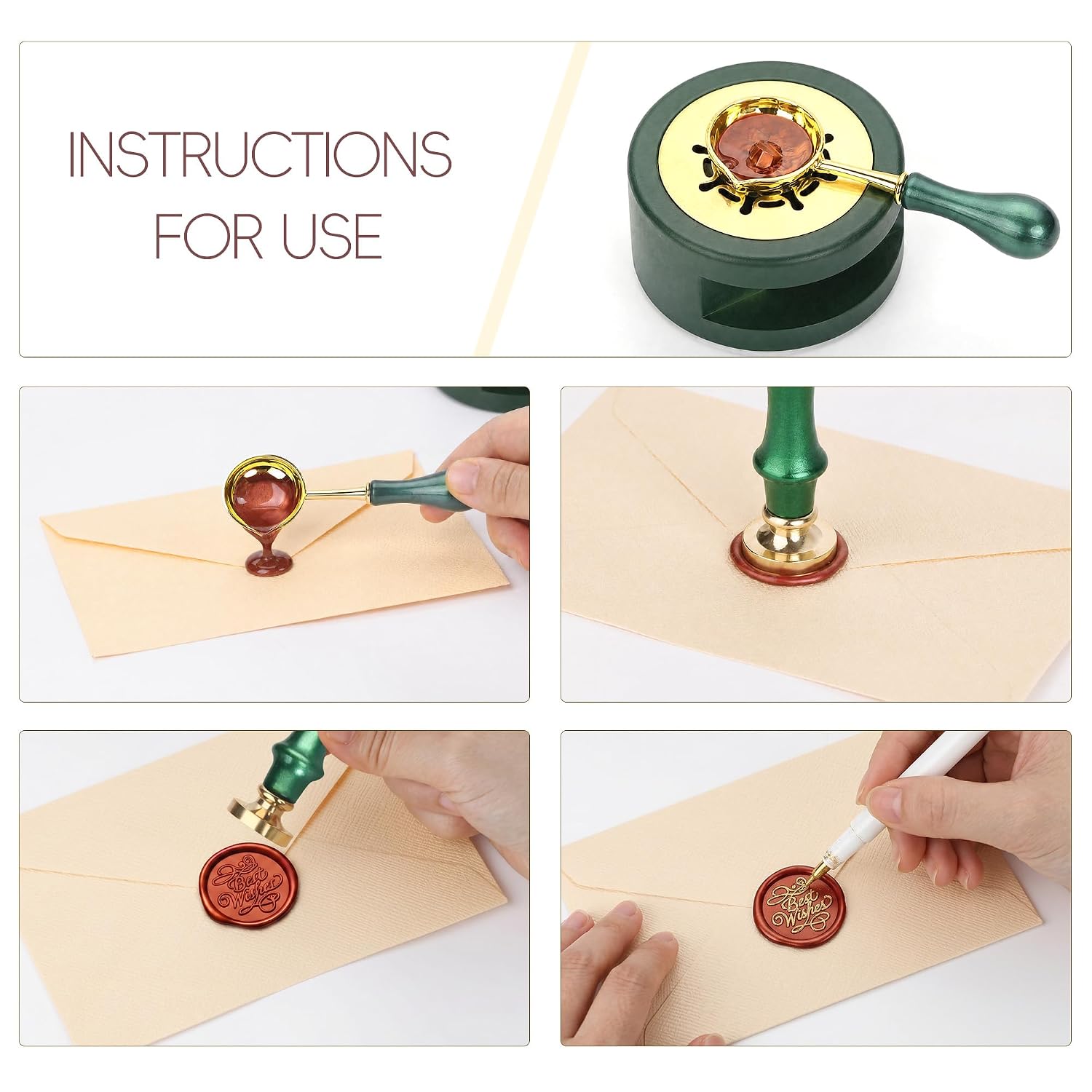 Wax Seal Stamp, Wax Sealing Kit with 24 Colors 600 Pcs Sealing Wax Beads, Brass Stamps, Warmer, Spoon, Tealight Candles, Gold Pen – Envelope Wax Seal Set for Wedding Invitations & Crafts