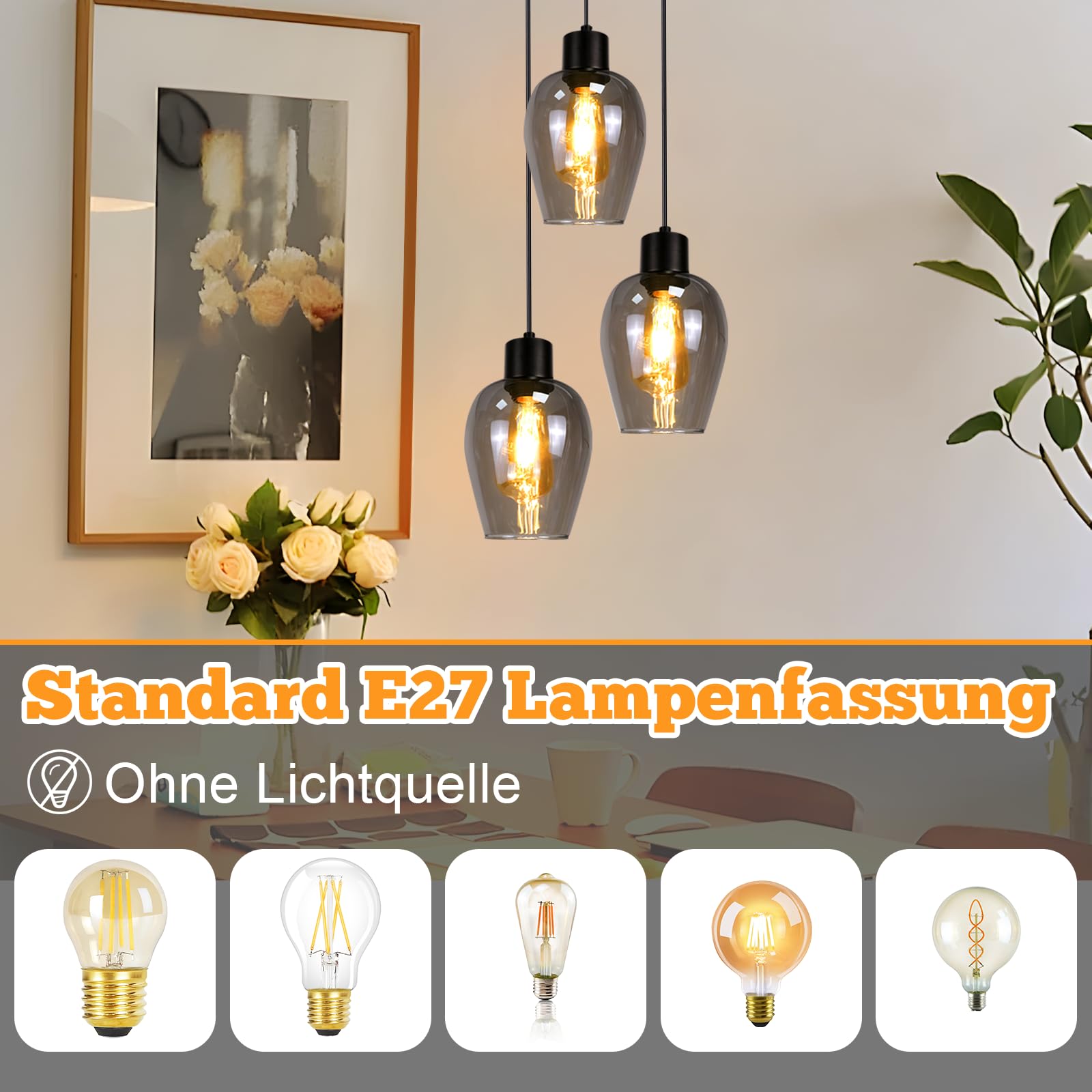 Lámpara Colgante Industrial de 3 luces Lámpara E27 de techo | colgante retro cristal ahumado para comedor dormitorio sala de estar (bombilla no incluida)