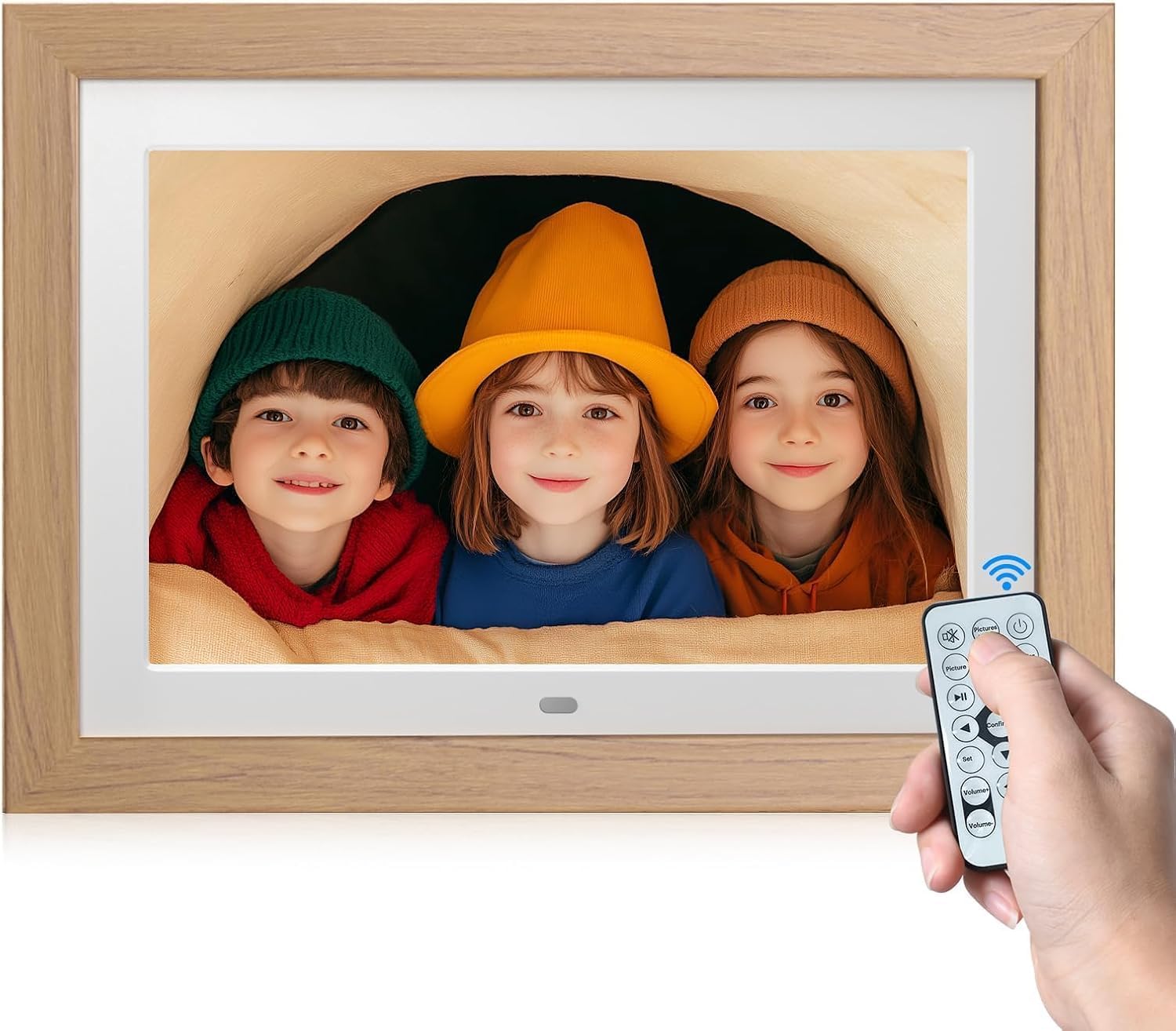 10" Digital Picture Frame with Remote Control, 1280 * 800 IPS Full View Ultra Clear Screen, Removable Wooden Frame, Share Videos Photos Send Wishes Auto-Rotate Slideshow Non-WiFi