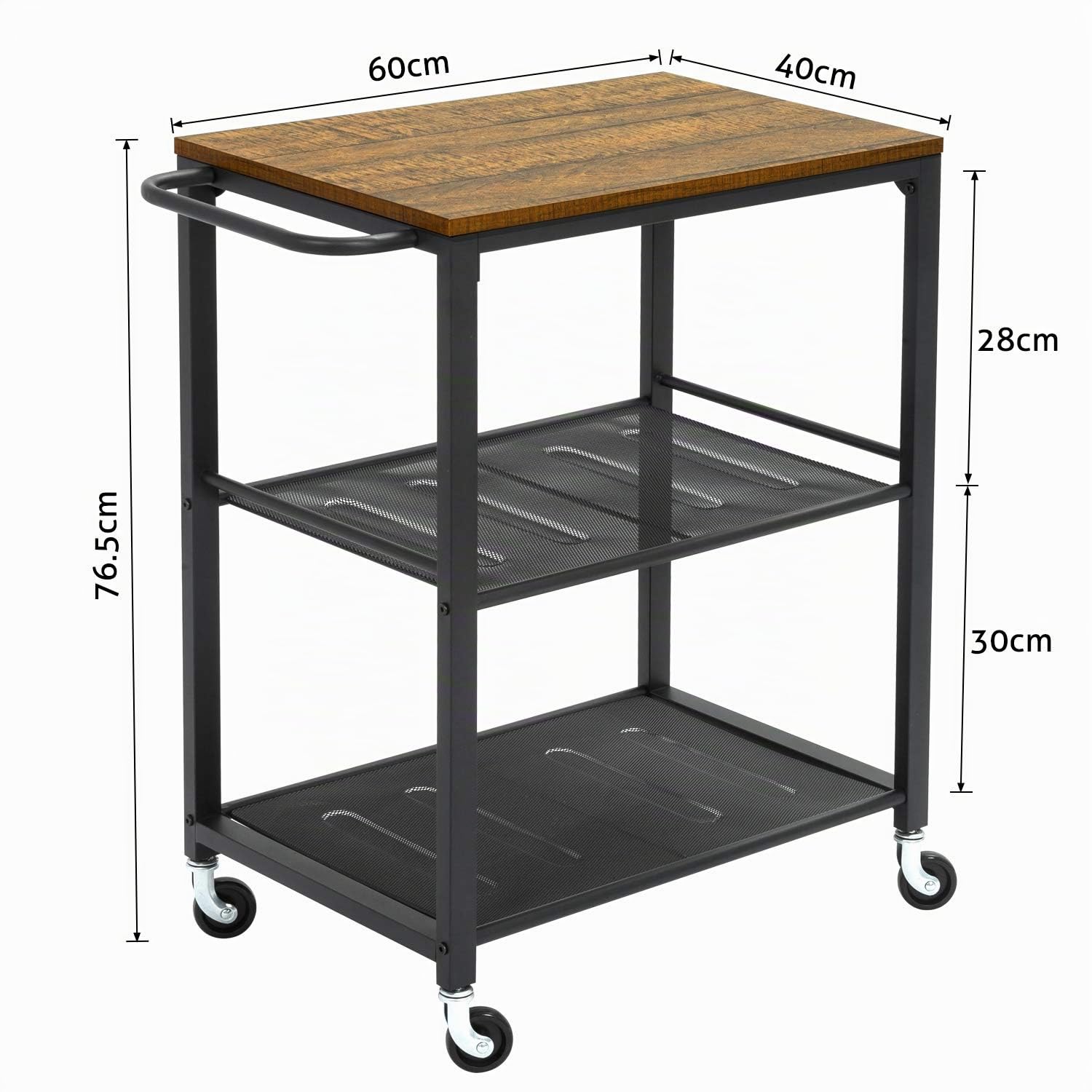 Meerveil Chariot de Service à 3 Niveaux, Desserte de Style Industriel, Étagère de Cuisine, Cadre Métallique, Étagère de Rangement avec Poignée et Roues, 60 x 40 x 78.5 cm, Marron Rustique et Noir
