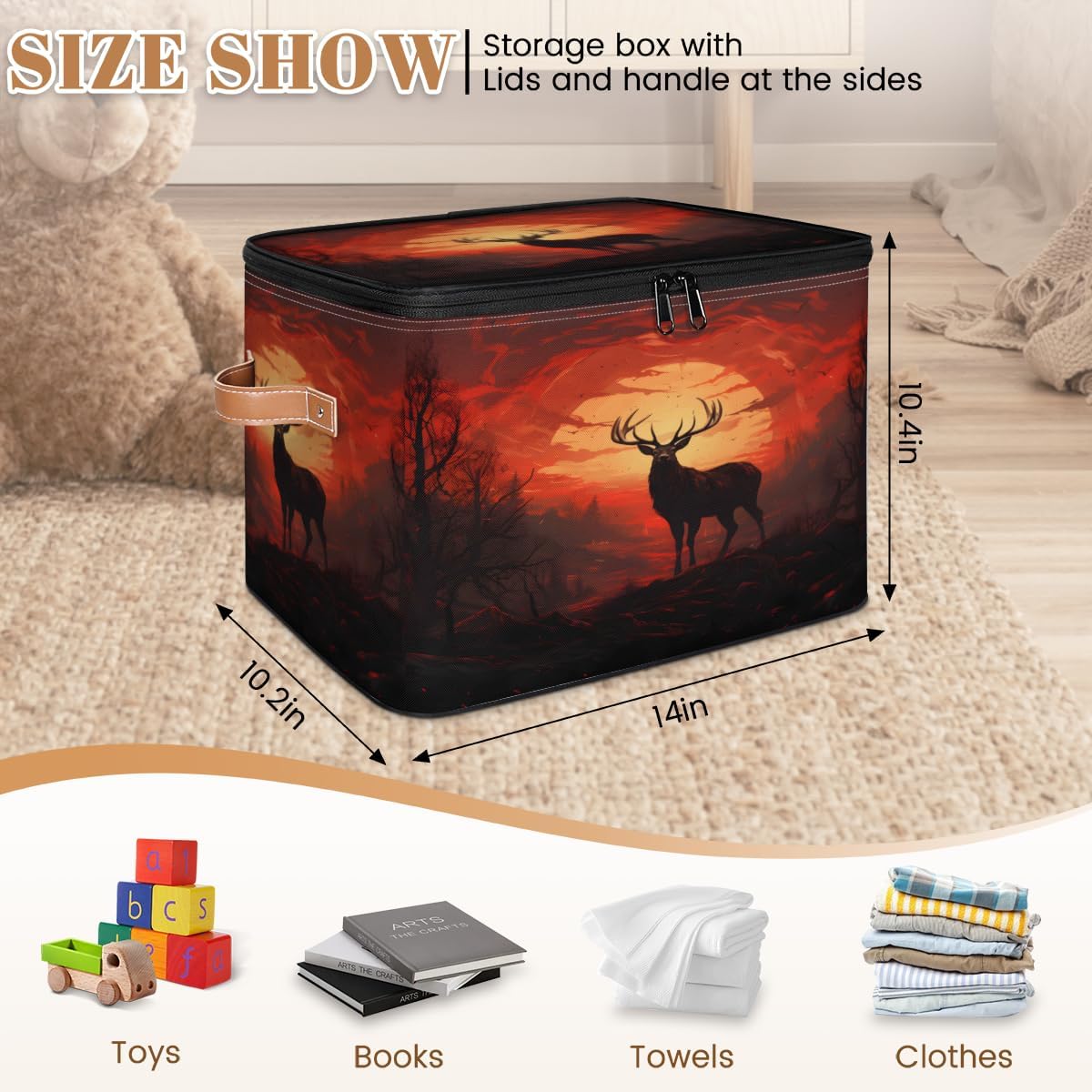 Storage Bin Set of 2 Deer Reindeer Storage Basket with Zipper Lid & Handle Foldable Closet Shelf 2 Pack Cloth Organizer Basket Cube Bins Clothes Organizer for Bedroom, Nursery