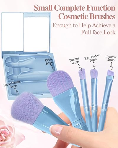 Miniatura 10 de PGRODE Juego de brochas de maquillaje de tamaño de viaje con estuche rígido y espejo integrado, 5 brochas pequeñas para cosméticos, kits esenciales