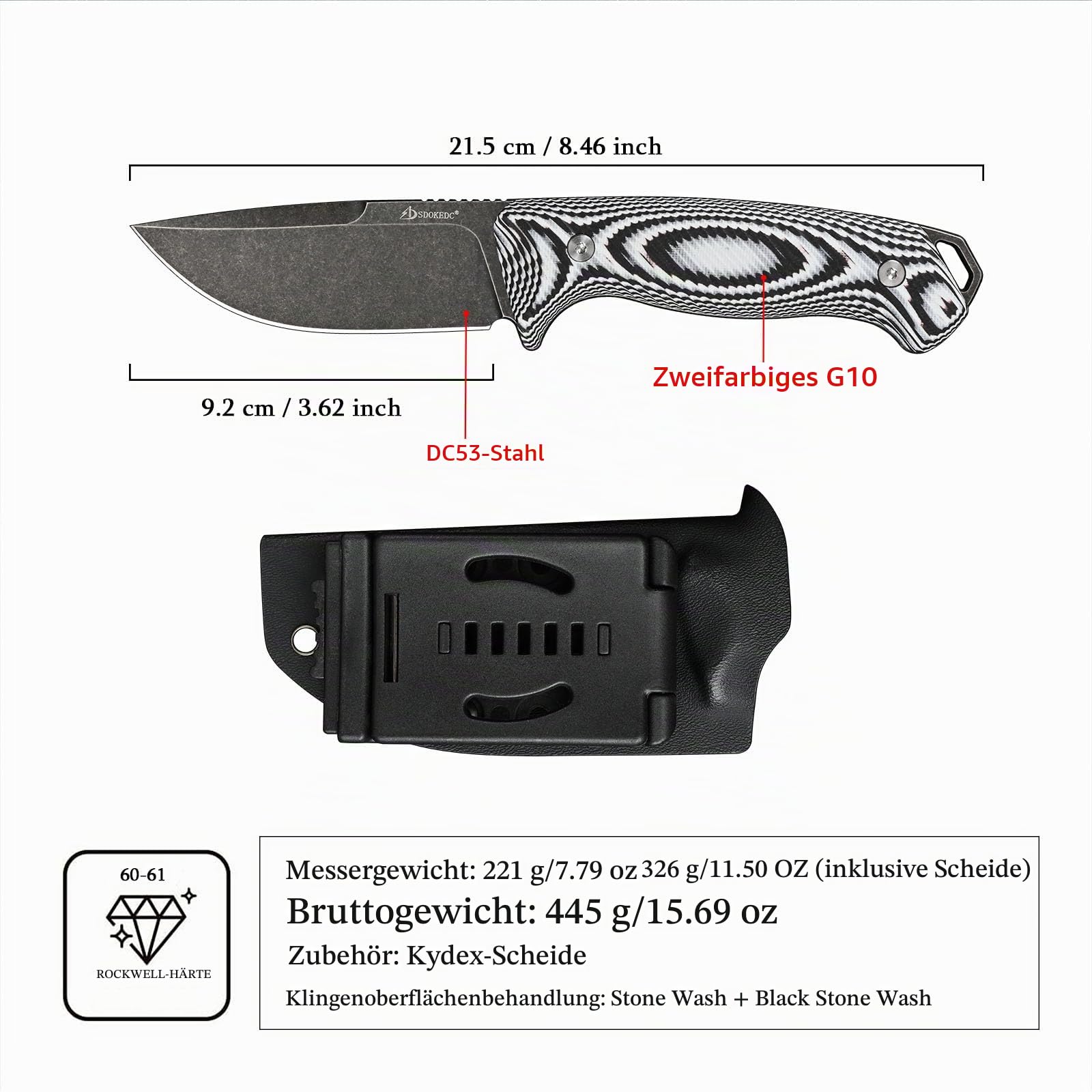 DC53 Stahl messer Feststehende Klinge G10 Griff mit Kydex Scheide für Männer EDC Camping Survival Outdoor (Schwarzer Stein wash+grauer Griff)
