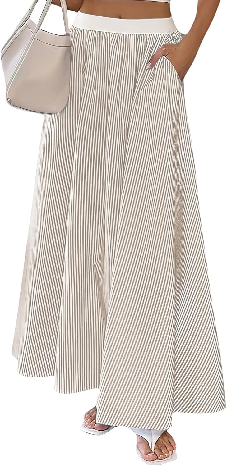 ebossy Women's Vertical Striped Skirts Elastic Waist Maxi Long Cotton Skirts with Pockets