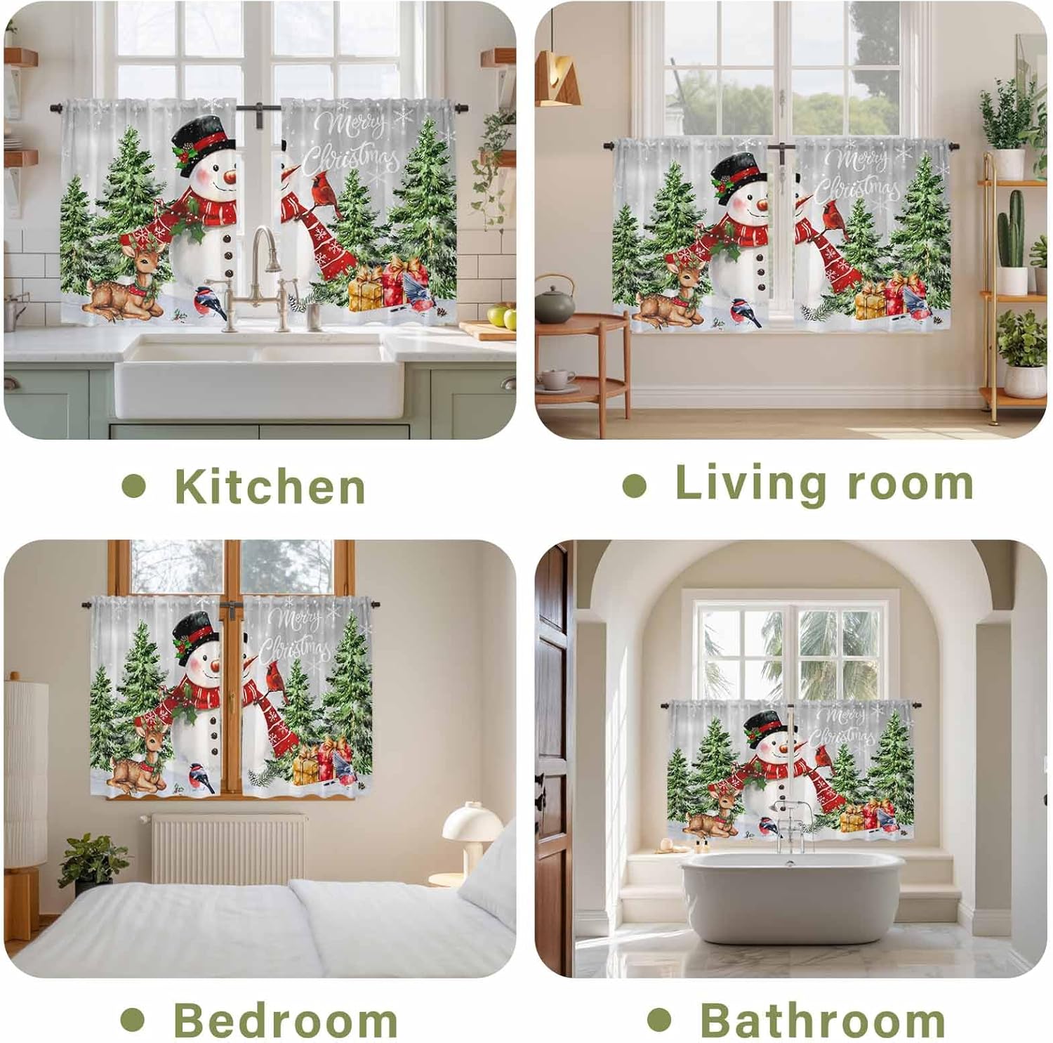 Christmas Snowman Kitchen Tier Curtains 45 Inch Long 2 Panel Set,Rod Pocket Short Window Treatment,Grey Xmas Tree Elk Gifts Snowflake Curtains & Drapes for Bathroom Basement 27.5"W x 45"L