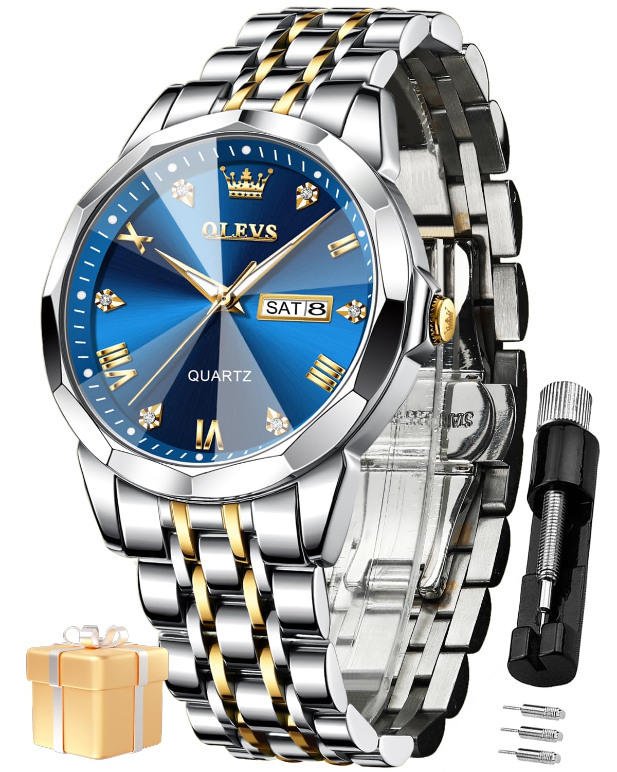 OLEVSWatch for Men Analog Quartz Dress Diamond Business Watches Two Tone Stainless Steel Waterproof Luminous Date Luxury Wrist Watch
