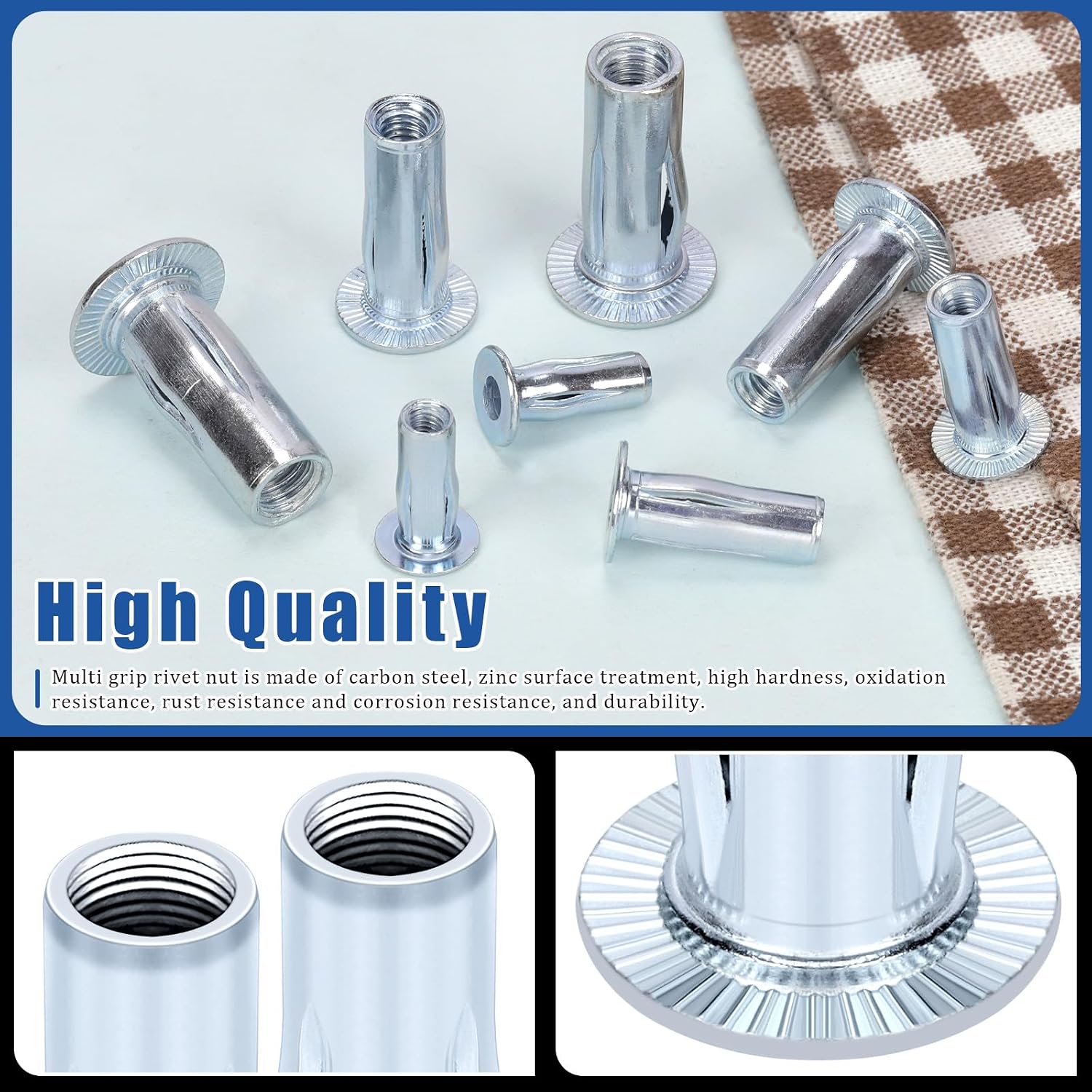 Glarks 20pcs M6 Multi-Grip Rivet Nuts Set White Zinc Plated Carbon Steel Flat Head Rivnut Pre Bulbed Shank Threaded Insert Rivet Nuts for Construction Industrial