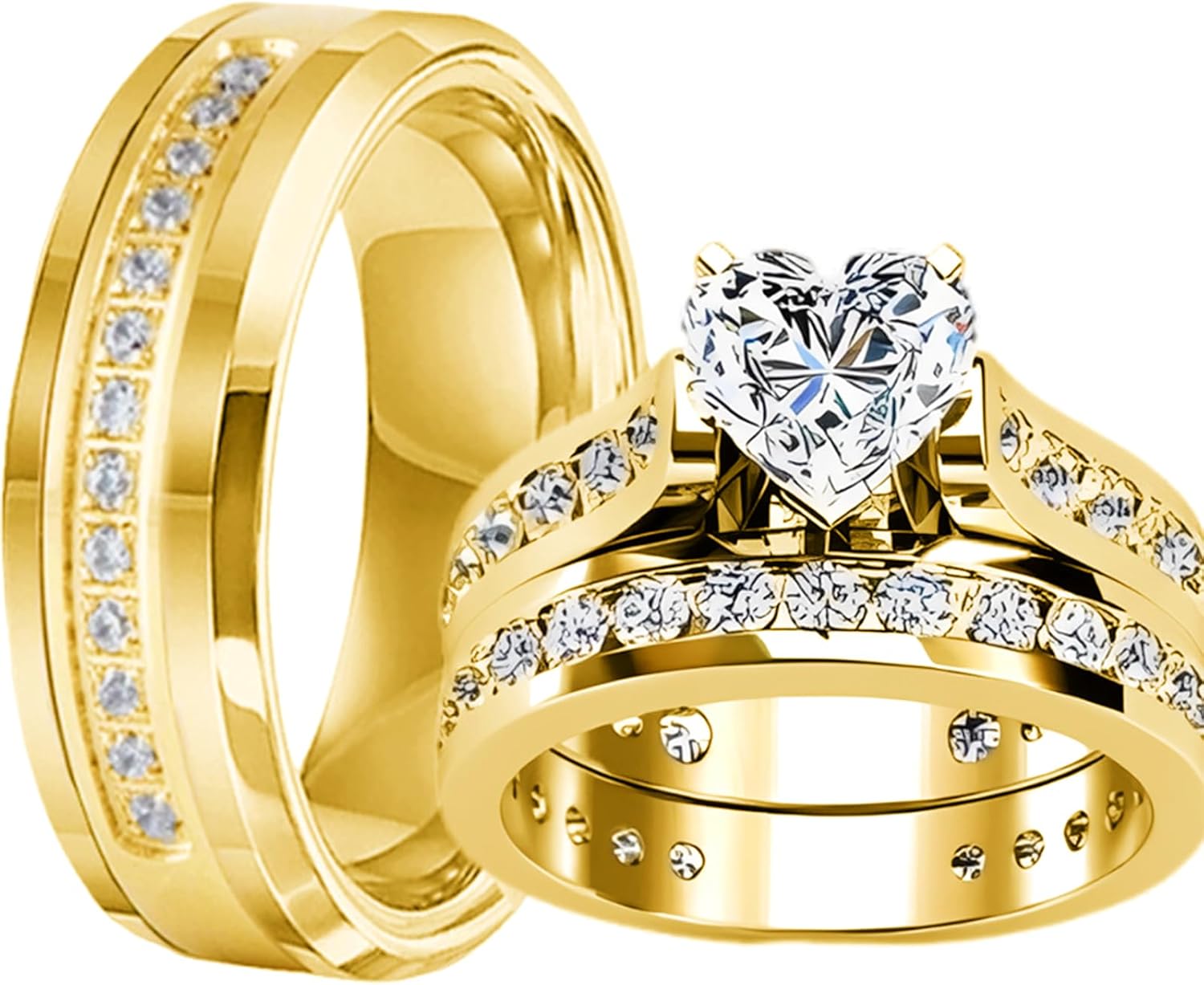 Real 10K 14K 18K Gold Couple Ring Set, 3PCS Heart-shaped Moissanite Couple Ring Sets for Men and Women, Matching Wedding Band Promise Rings for His and Her