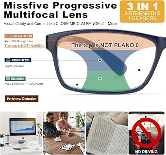 Missfive 2 Pack Lightweight Office Varifocal Reading Glasses, TR90 Near Progressive Reading Glasses Men, Blue Light Blocking, Mid-Near Range