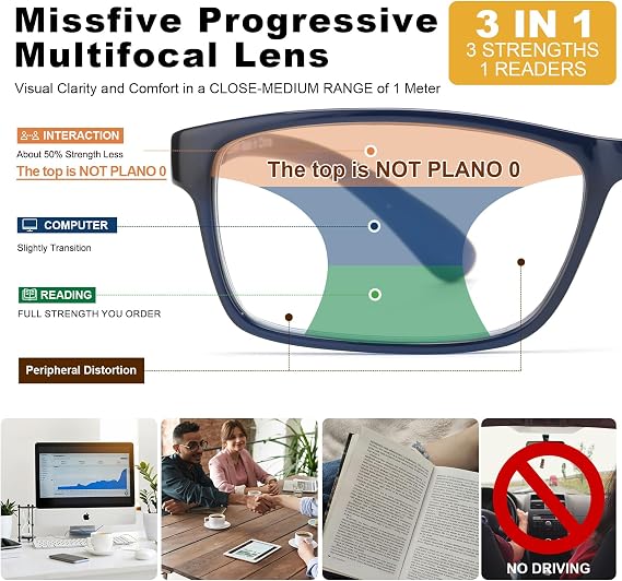 Missfive 2 Pack Lightweight Office Varifocal Reading Glasses, TR90 Near Progressive Reading Glasses Men, Blue Light Blocking, Mid-Near Range