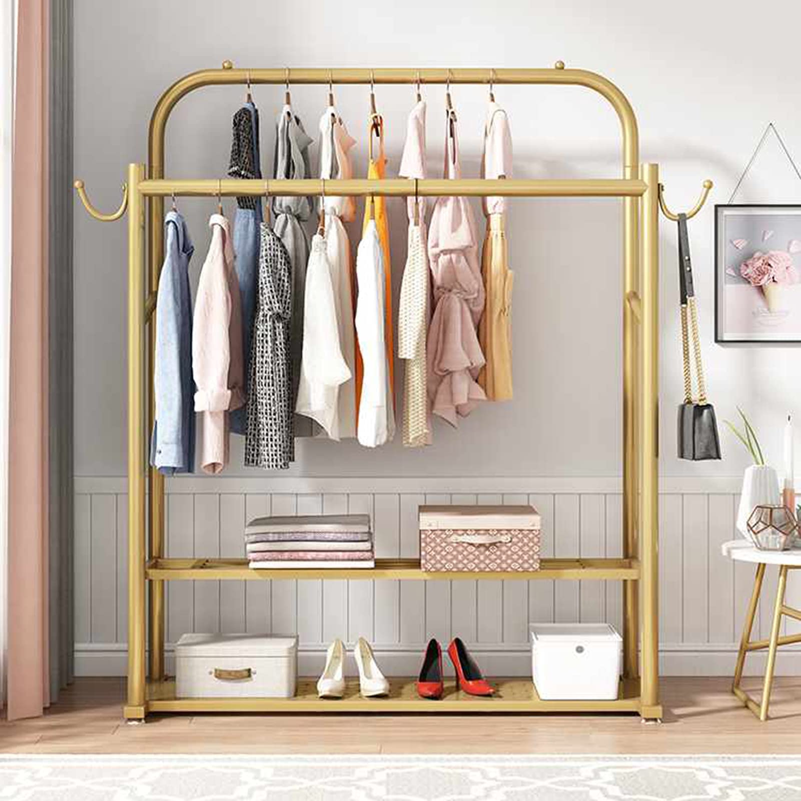 Kleiderständer Doppelschienen Kleiderständer Kleiderständer aus Metall mit 2-stöckigen Regalen Hochleistungs-Kleider-Organisator-Rack für Schlafzimmer-Kleiderständer zum Aufhängen von Kleidung, Gold