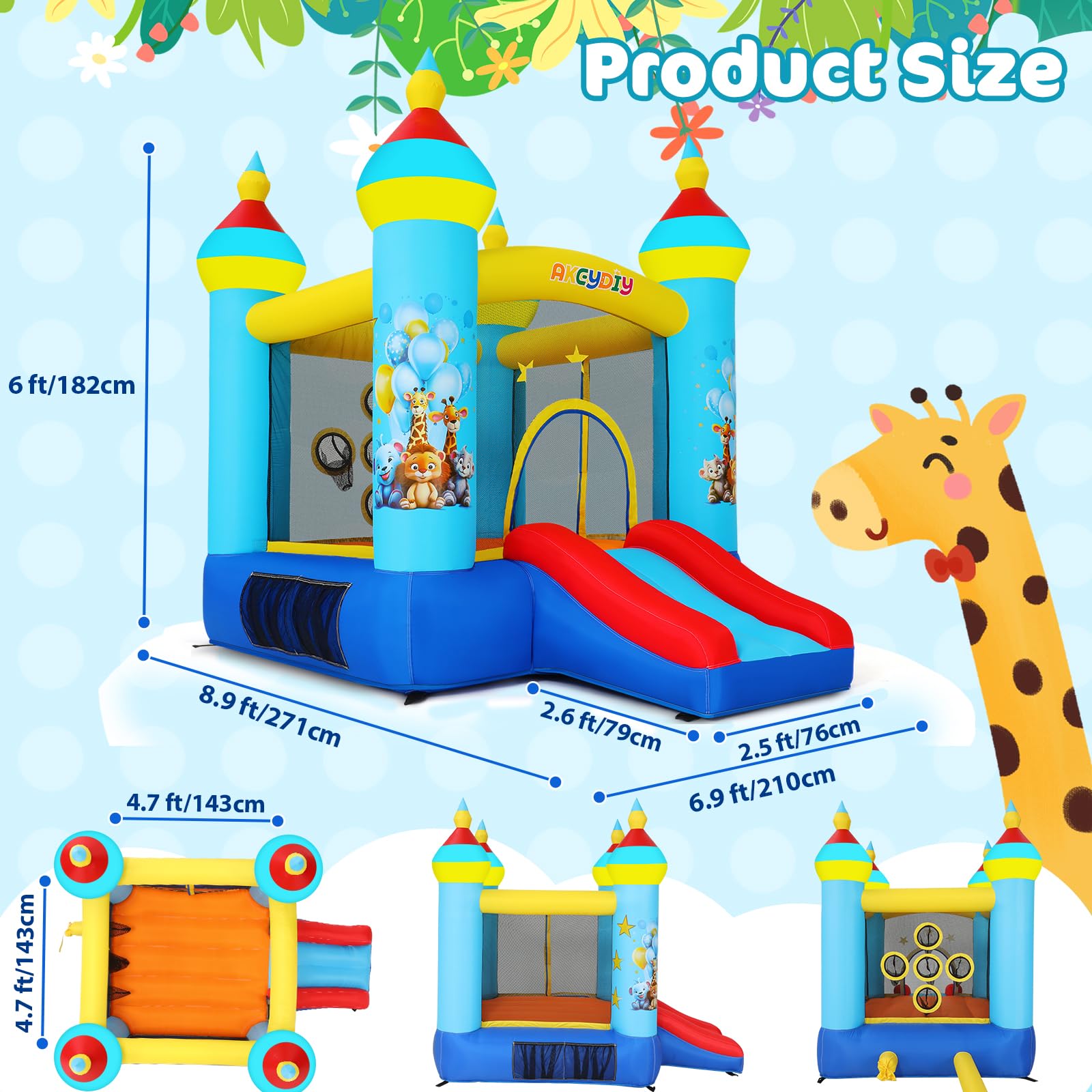 AKEYDIY Castello gonfiabile con scivolo, 270 x 210 x 180 cm, per bambini da 3 a 8 anni, design con animali della giungla, per interni ed esterni (blu)