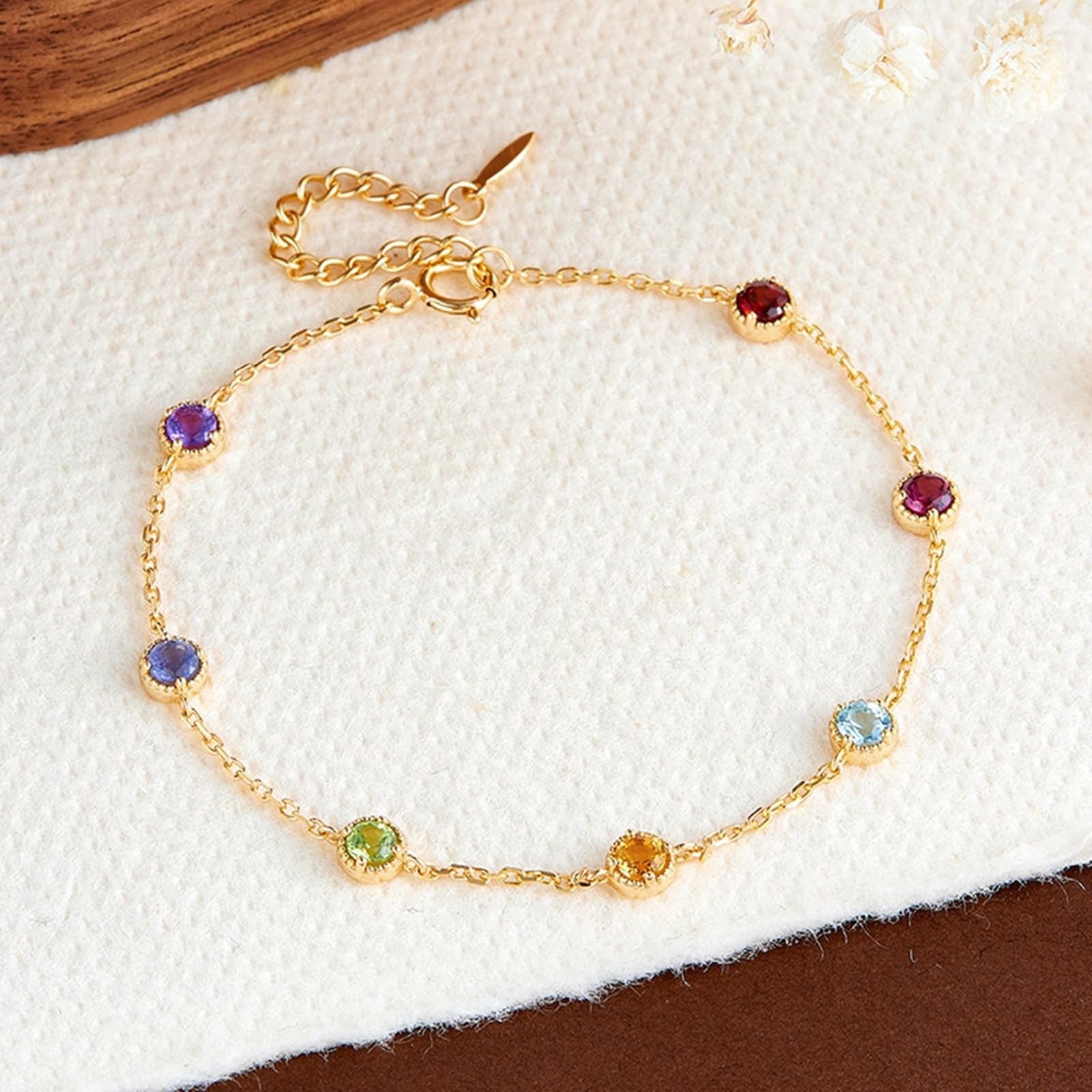 Armband 9K/14K/18K Gold Echtschmuck mit Bunt Edelstein Zart Kette