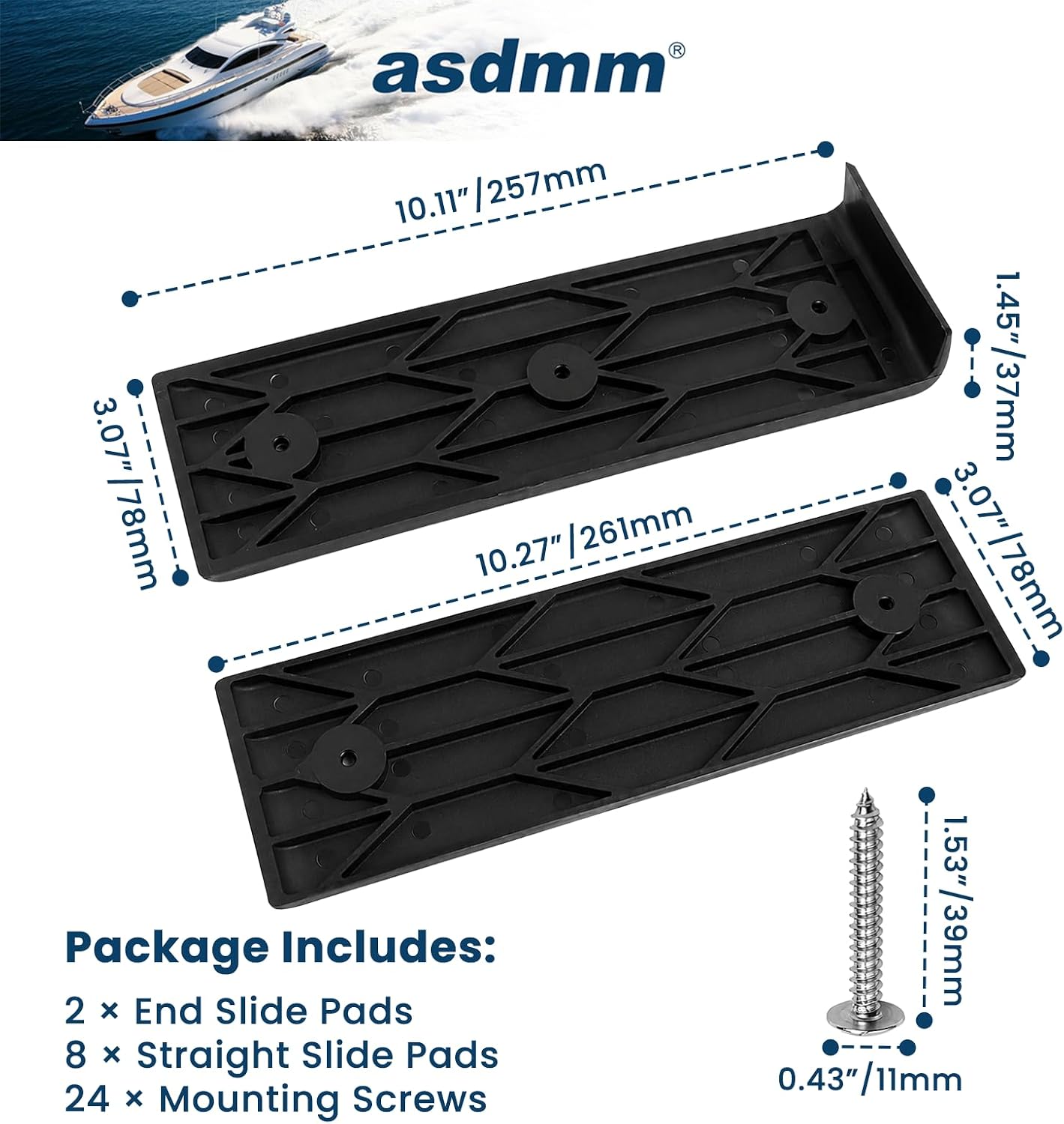 Boat Trailer Bunk Slide Pads, 8 ABS Pads and 2 Bunk Enders Kit for Fishing Boats, Ski Boats and Pontoon Trailers, 3″ x 10″