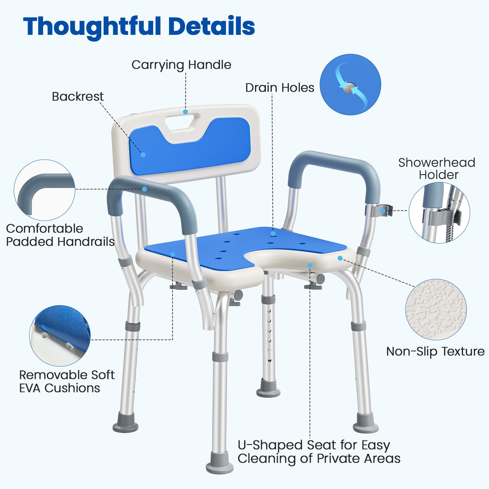 Silla para Ducha, Taburete Ducha con Respaldo y Reposabrazos Extraíbles, 6 Altura Ajustable, Antideslizante, Silla Ducha para Personas Mayores y Discapacitadas, Capacidad de hasta 150 kg