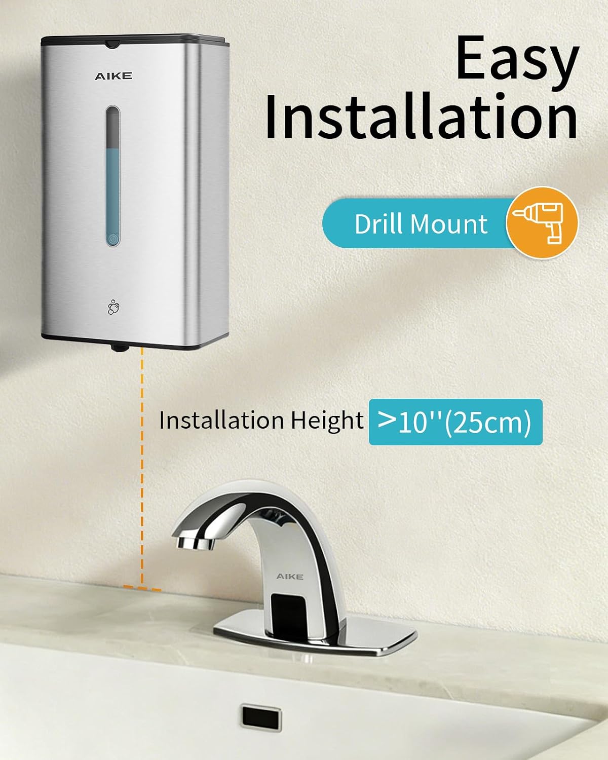 AIKE Wall Mount Automatic Foam Soap Dispenser 33.8 OZ Commercial Large Capacity for Bathrooms,Brushed Stainless Steel Finish Model AK1207FA