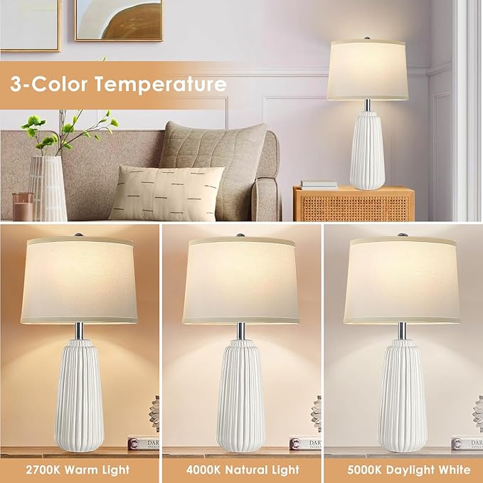 Yusist Ceramic Table Lamps Set of 2, 25Inch Modern White Table Lamps for Bedroom Living Room with 3 Color Temperature - 3000K/4000K/6000K, Coastal Lamps for Nightstand Bedside with 2 LED Bulbs, 9W photo 5