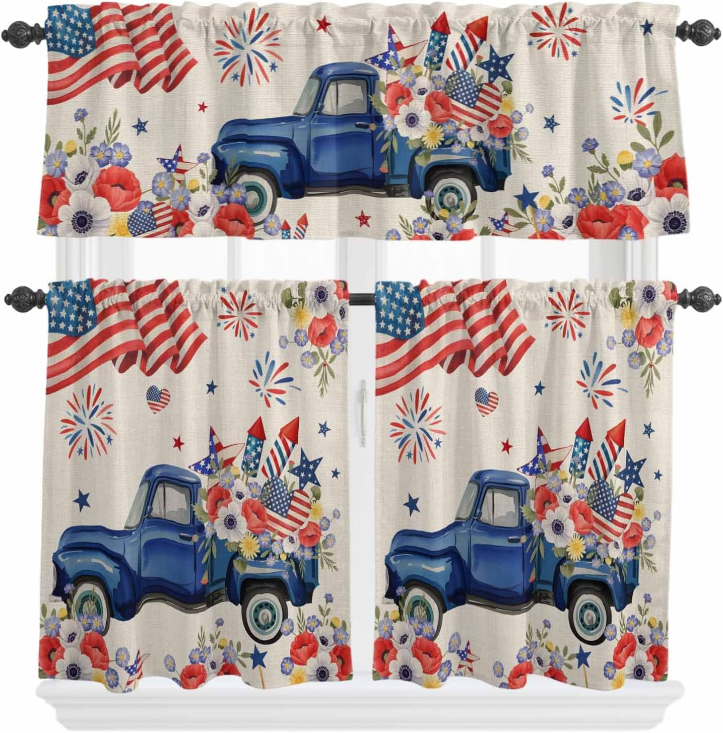 Independence Day Blue Truck 3 Piece Kitchen Curtains Tiers and Valances Set, American Flag Vintage Watercolor Poppies Rod Pocket Short Window Treatment Curtains Panel and Valance for Cafe Bathroom
