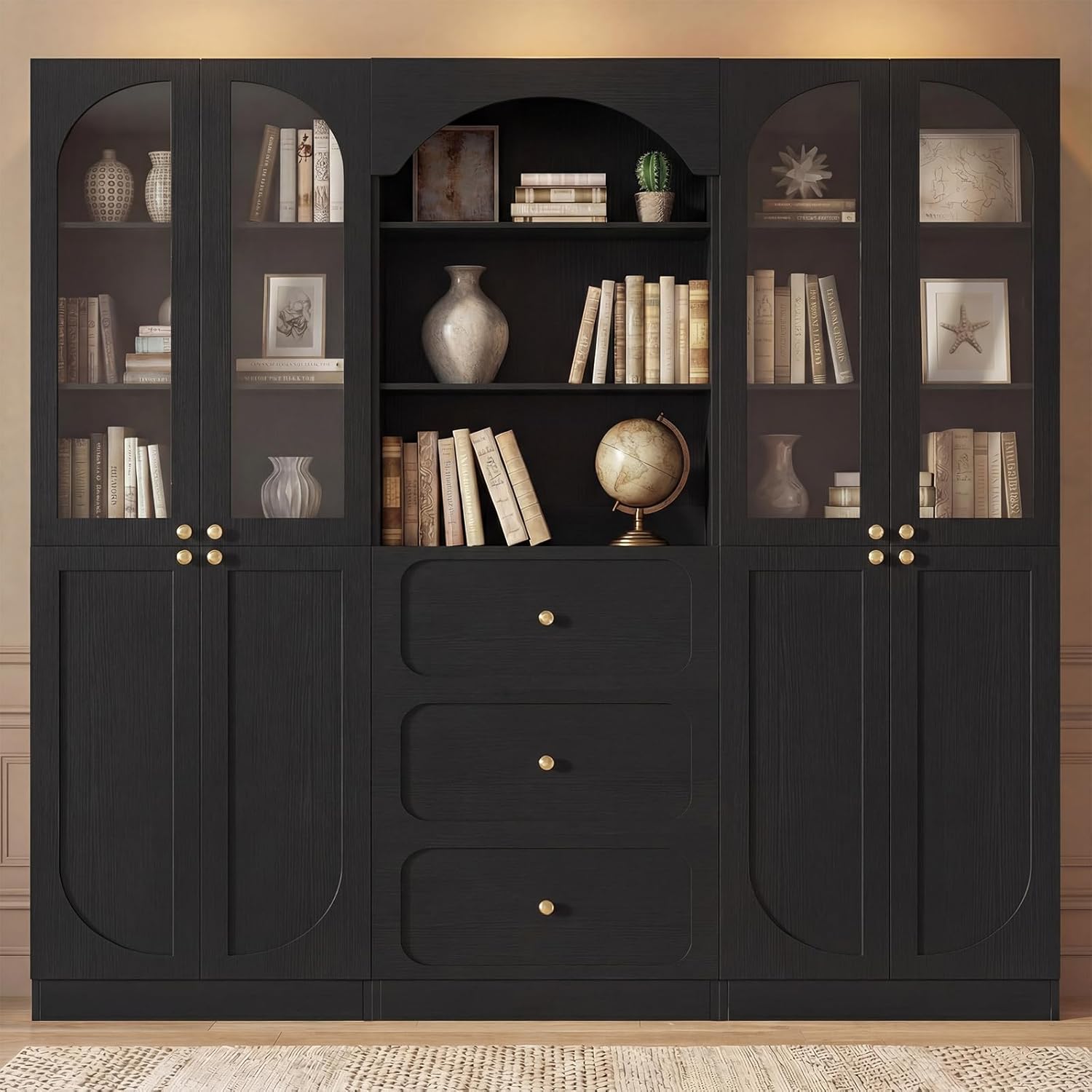Cyclysio 80" Tall Bookcase System with 3 Drawers, Arched Bookshelf with 4 Glass Doors, Wooden Pantry Storage Organizer Cabinets with 3-Tier Open Shelves for Living Room, Kitchen, Bathroom