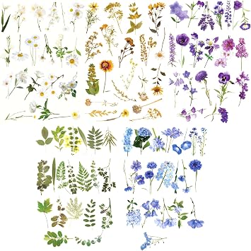 Flower Stickers for Scrapbooking, 200Pcs Vintage Floral Plant Stickers Transparent Wild Flowers Sticker for Journaling DIY Craft Cards