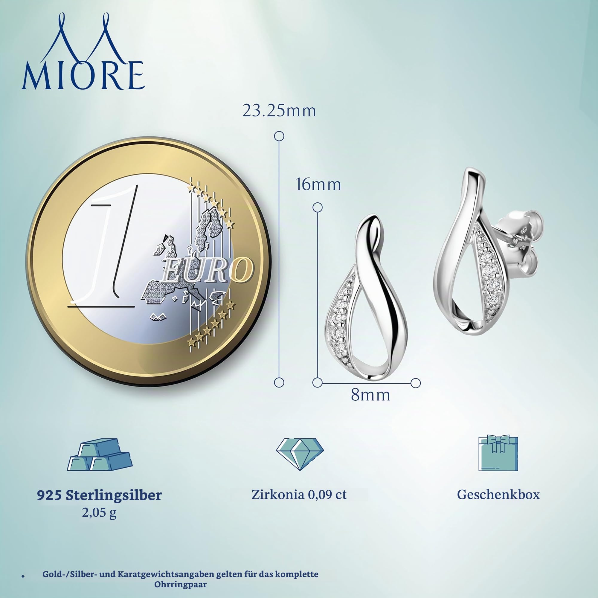 Miore Ohrstecker für Damen – Elegante Ohrringe aus 925 Sterling Silber mit 8 farblosen Zirkonia-Steinen – Ohrschmuck lang 8 x 16 mm